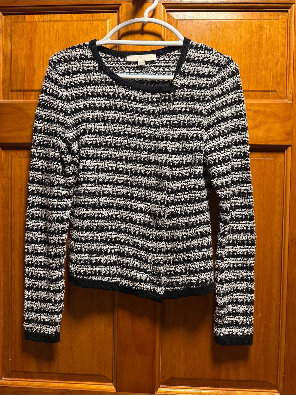 LOFT Black & White Striped Bouclé Cardigan Jacket
